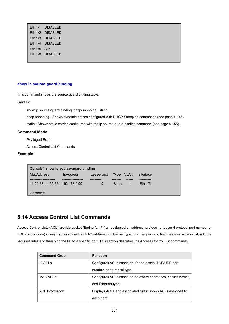 Show ip source-guard binding, 14 access control list commands | PLANET SGSD-1022 User Manual | Page 501 / 693