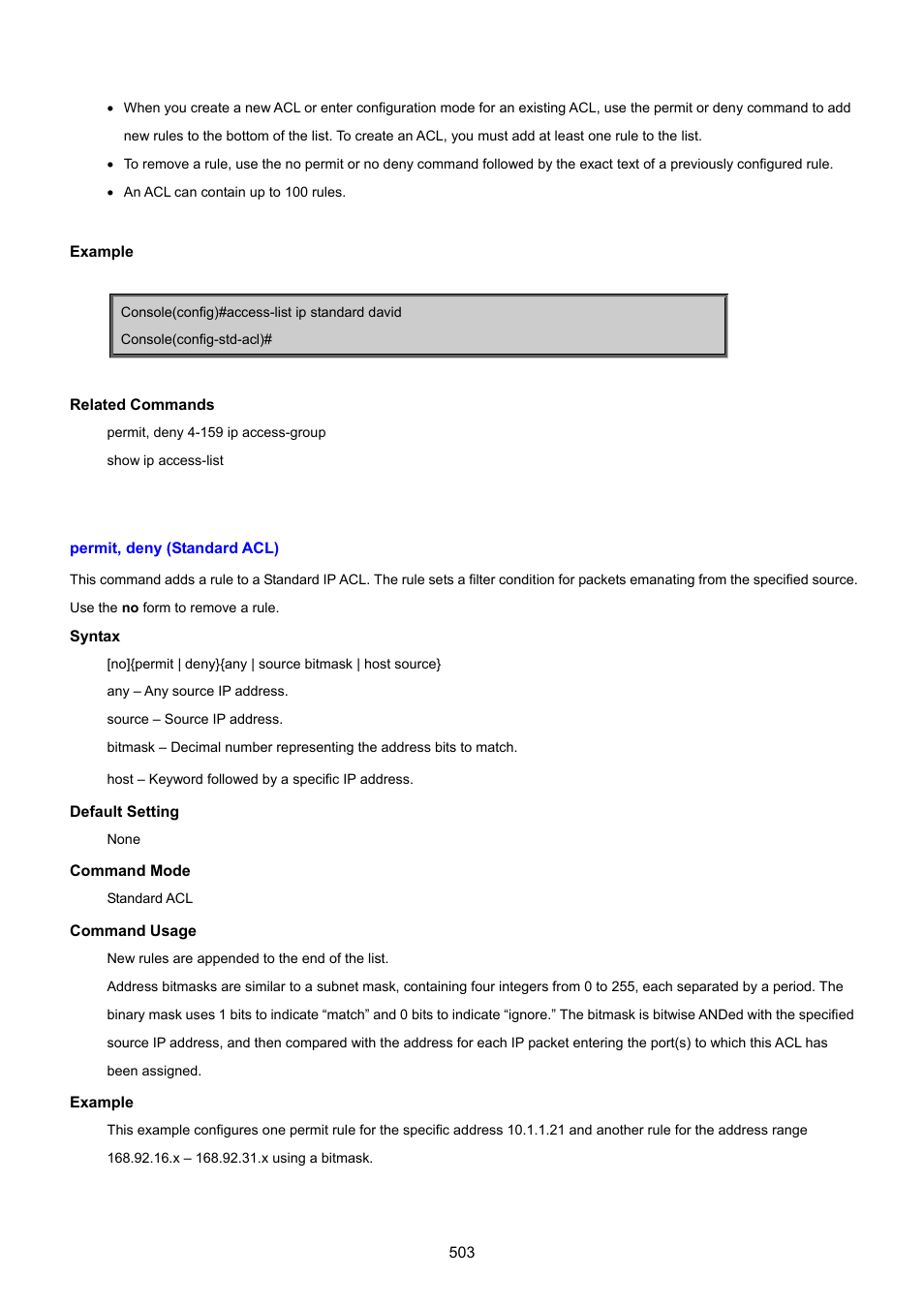 Permit, deny (standard acl) | PLANET SGSD-1022 User Manual | Page 503 / 693