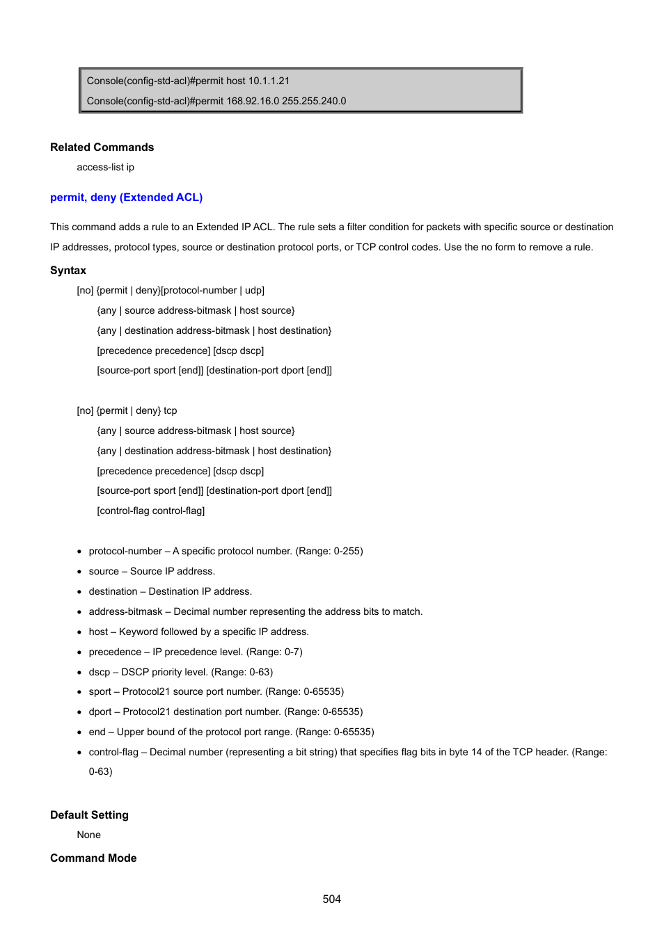 Permit, deny (extended acl) | PLANET SGSD-1022 User Manual | Page 504 / 693