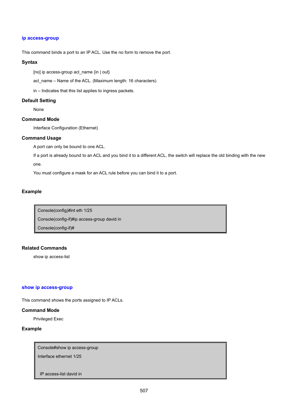 Ip access-group, Show ip access-group | PLANET SGSD-1022 User Manual | Page 507 / 693