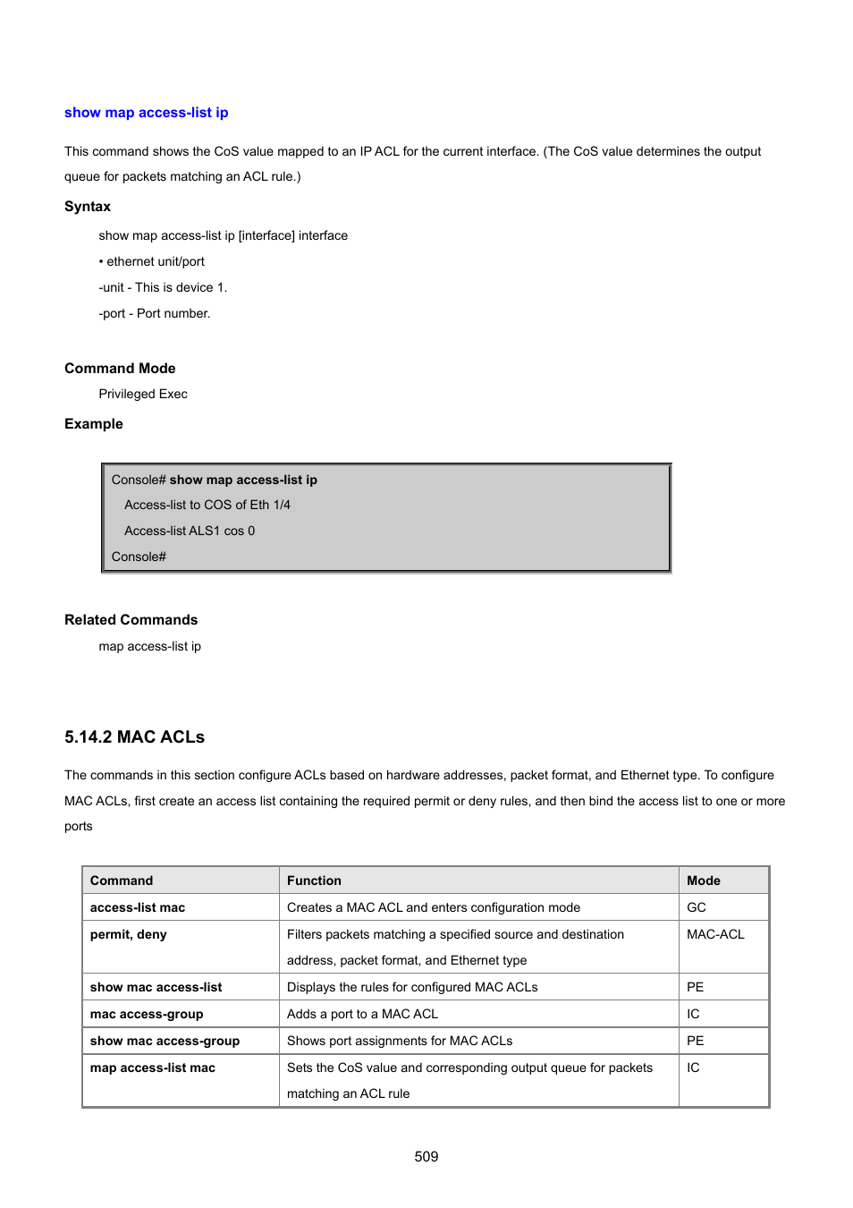 Show map access-list ip, 2 mac acls | PLANET SGSD-1022 User Manual | Page 509 / 693