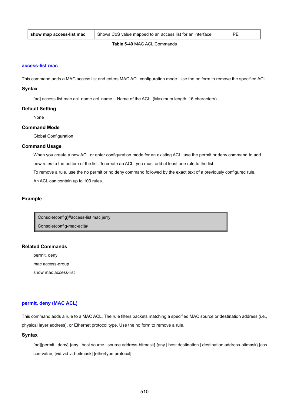 Access-list mac, Permit, deny (mac acl) | PLANET SGSD-1022 User Manual | Page 510 / 693