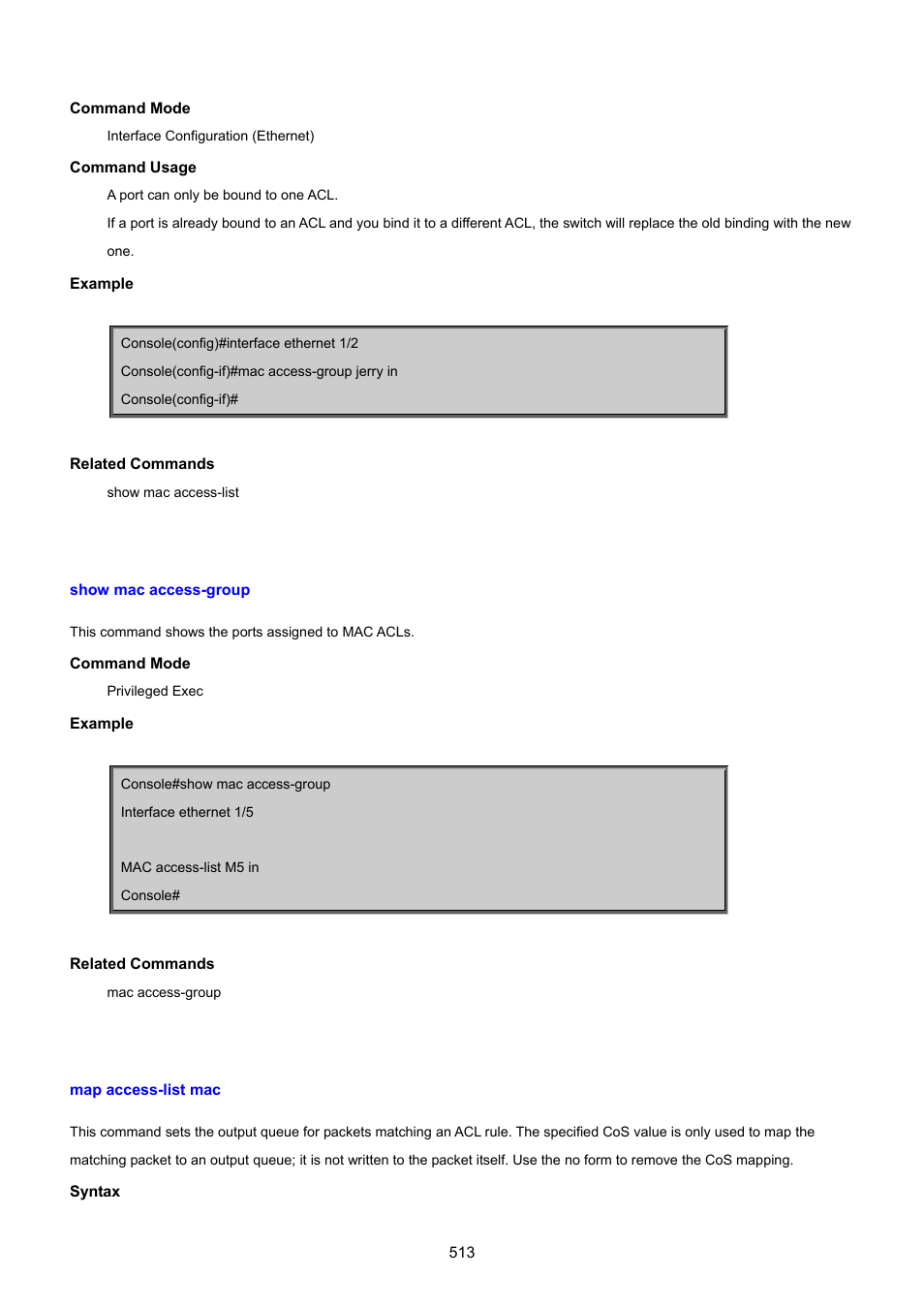 Show mac access-group, Map access-list mac | PLANET SGSD-1022 User Manual | Page 513 / 693