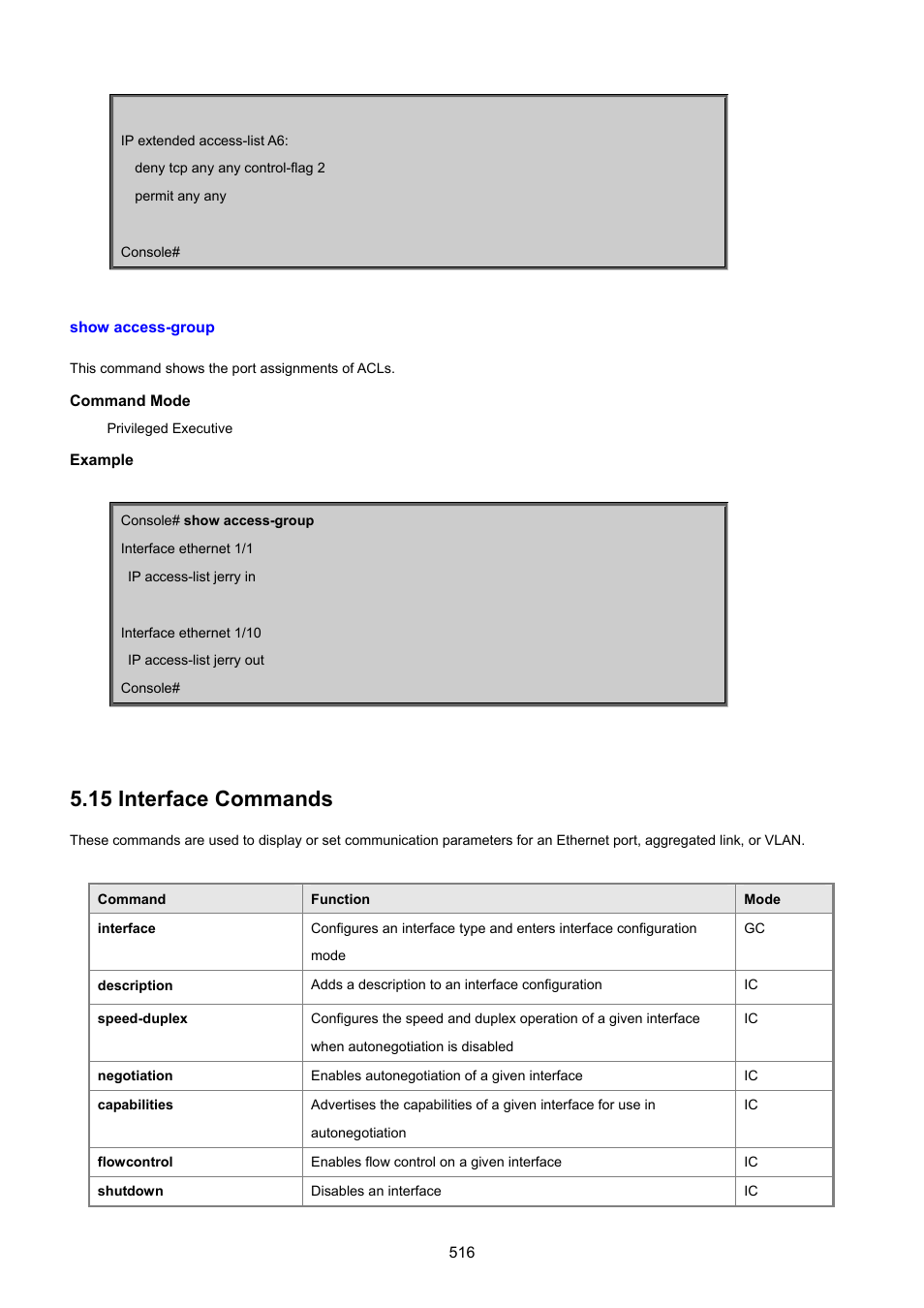 Show access-group, 15 interface commands | PLANET SGSD-1022 User Manual | Page 516 / 693