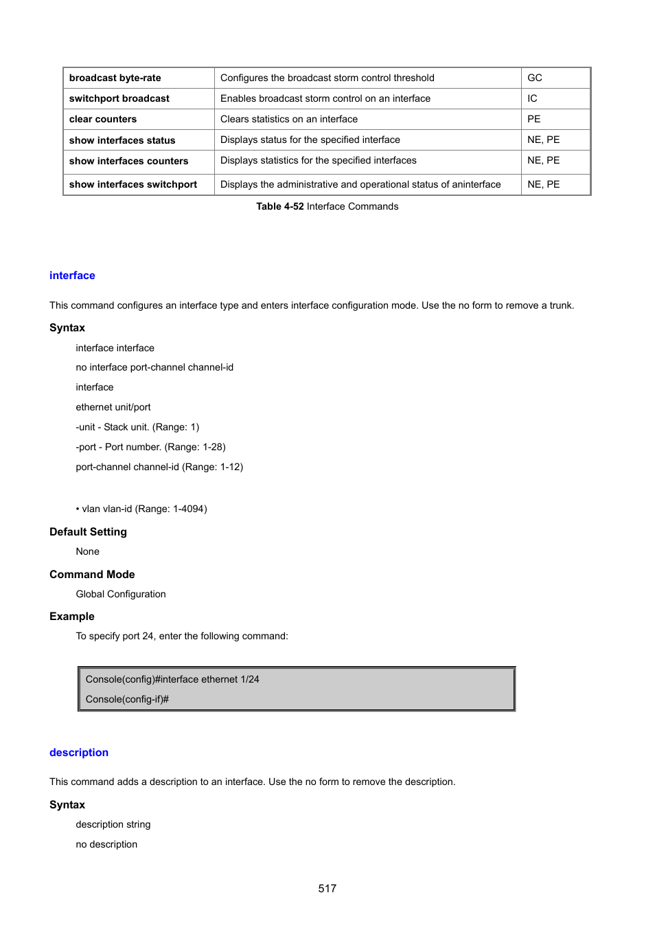 Interface, Description | PLANET SGSD-1022 User Manual | Page 517 / 693