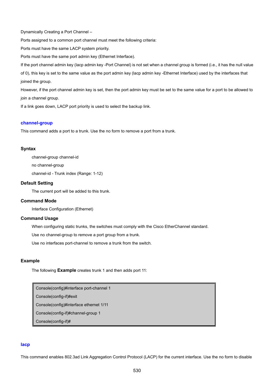 Lacp, Channel-group | PLANET SGSD-1022 User Manual | Page 530 / 693