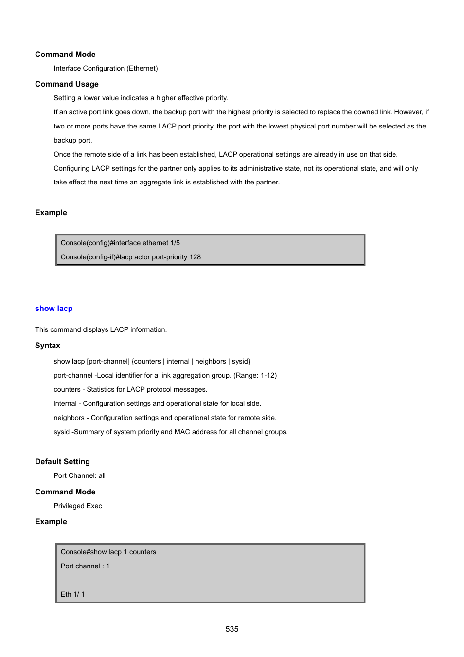 Show lacp | PLANET SGSD-1022 User Manual | Page 535 / 693