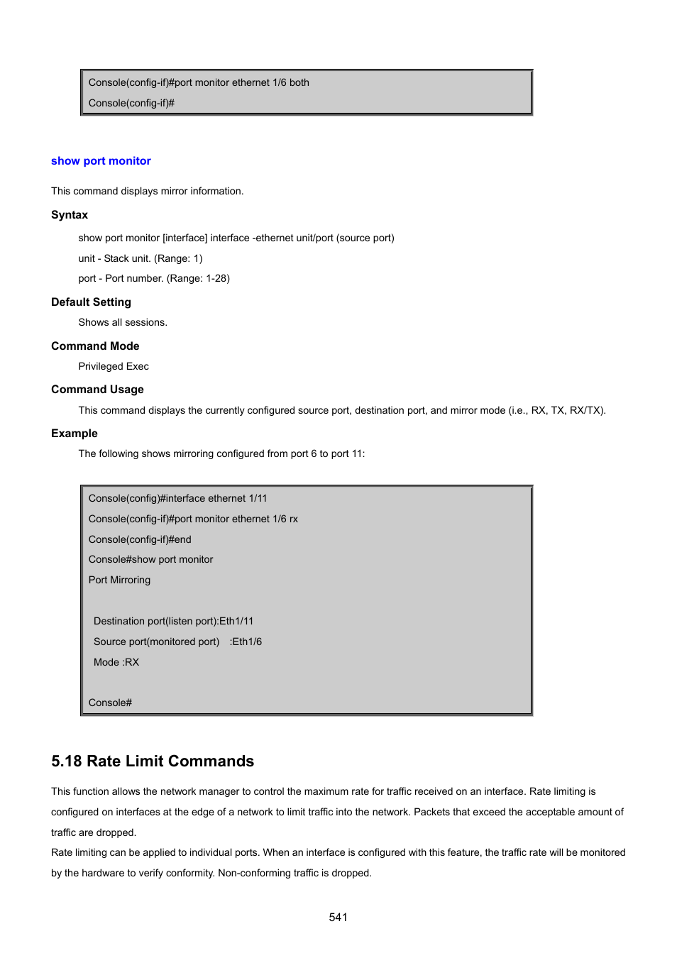 Show port monitor, 18 rate limit commands | PLANET SGSD-1022 User Manual | Page 541 / 693