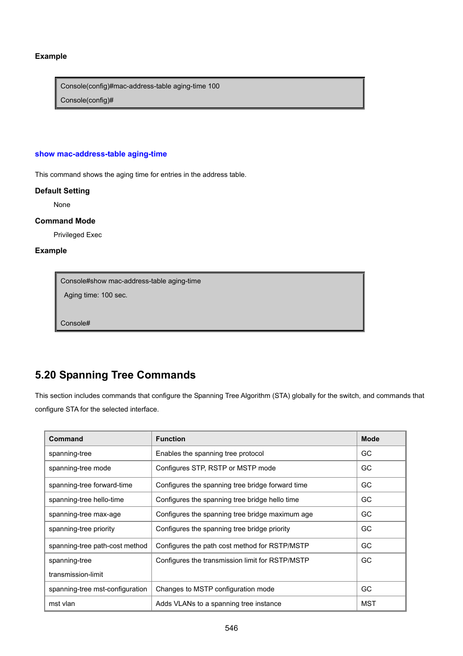 Show mac-address-table aging-time, 20 spanning tree commands | PLANET SGSD-1022 User Manual | Page 546 / 693