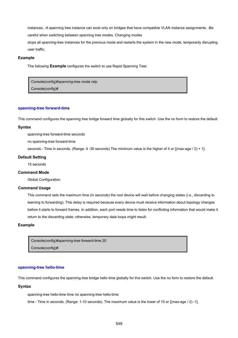 Spanning-tree forward-time, Spanning-tree hello-time | PLANET SGSD-1022 User Manual | Page 549 / 693