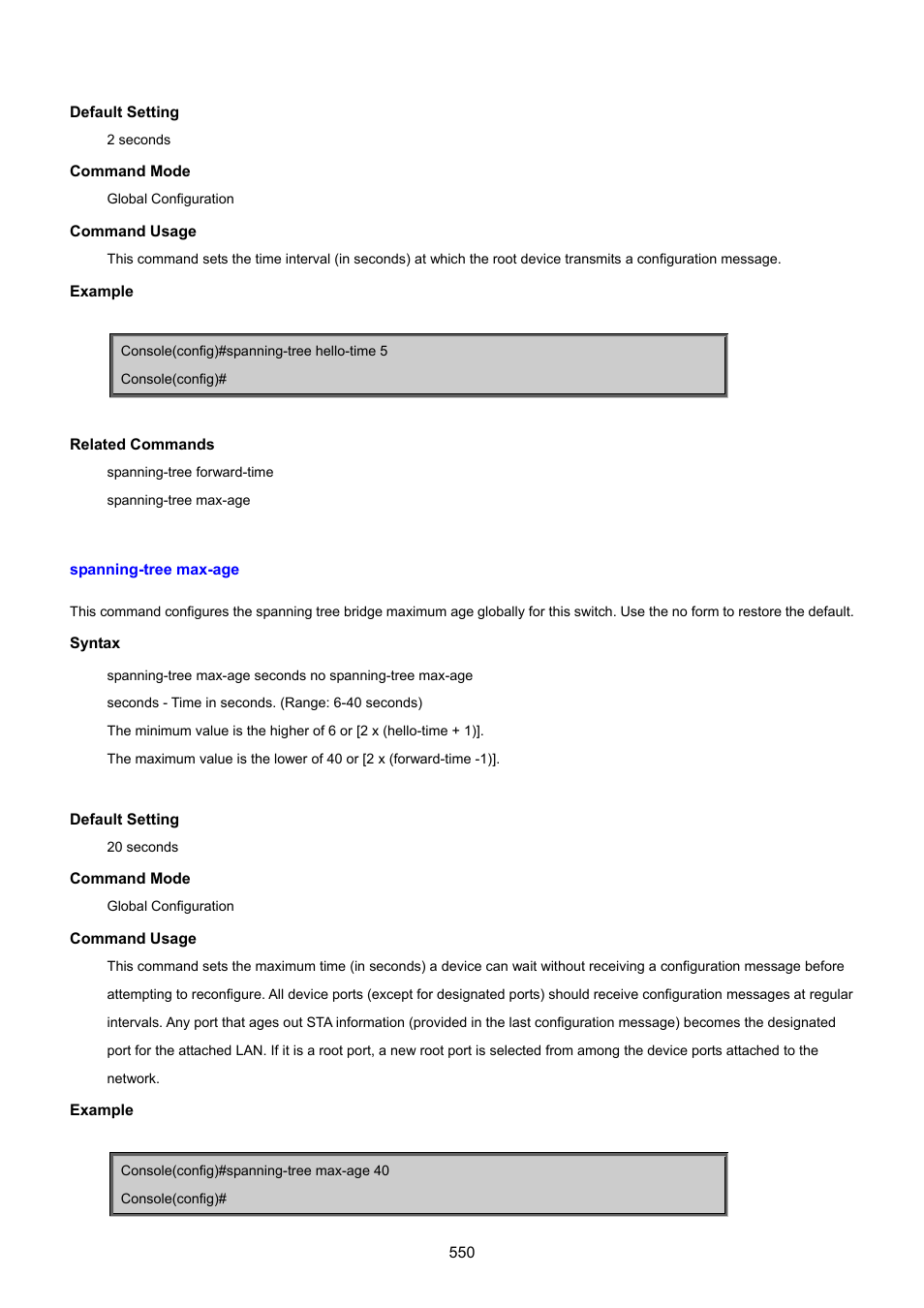Spanning-tree max-age | PLANET SGSD-1022 User Manual | Page 550 / 693