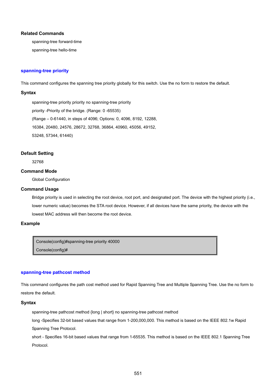 Spanning-tree priority, Spanning-tree pathcost method | PLANET SGSD-1022 User Manual | Page 551 / 693