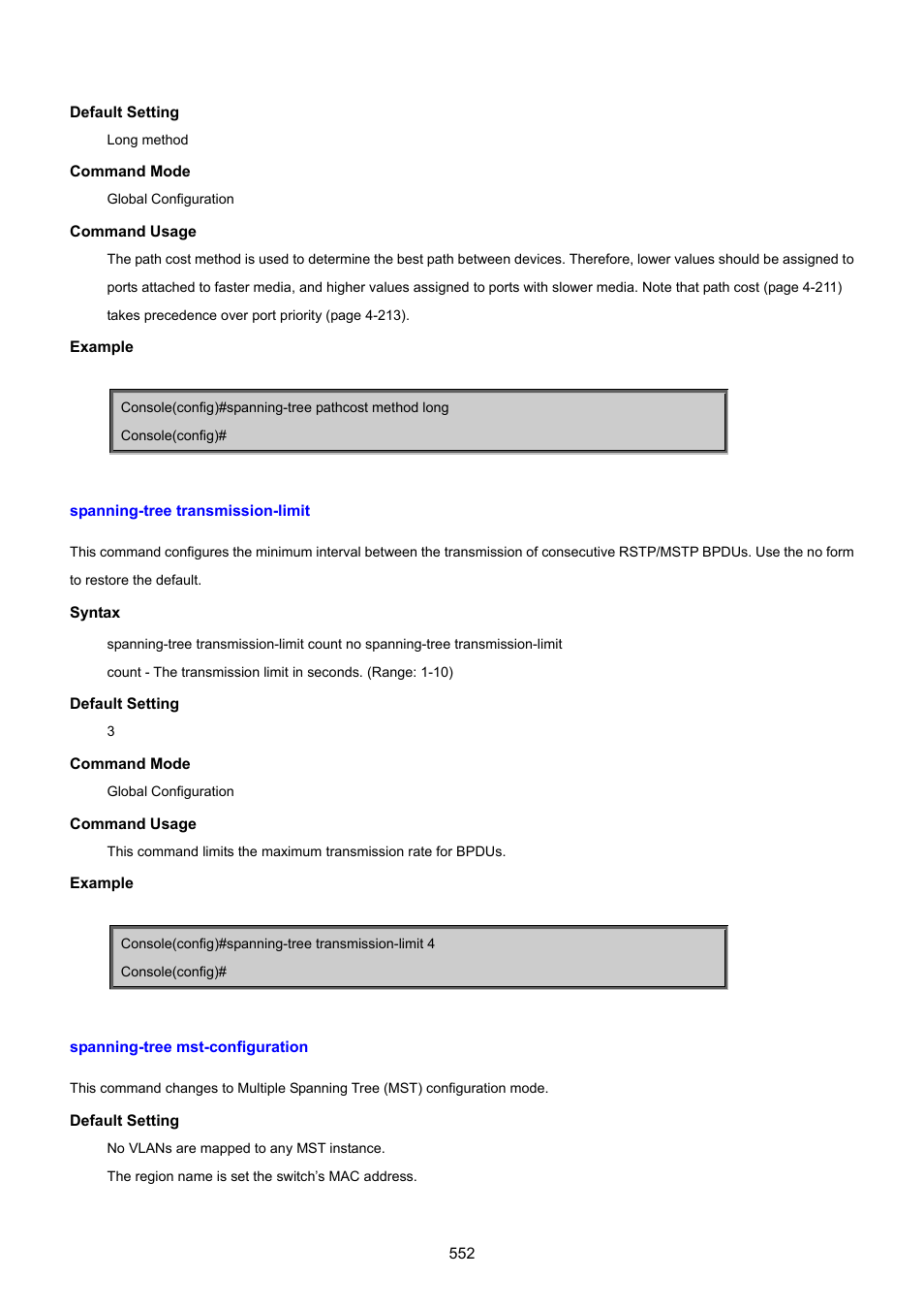 Spanning-tree transmission-limit, Spanning-tree mst-configuration | PLANET SGSD-1022 User Manual | Page 552 / 693