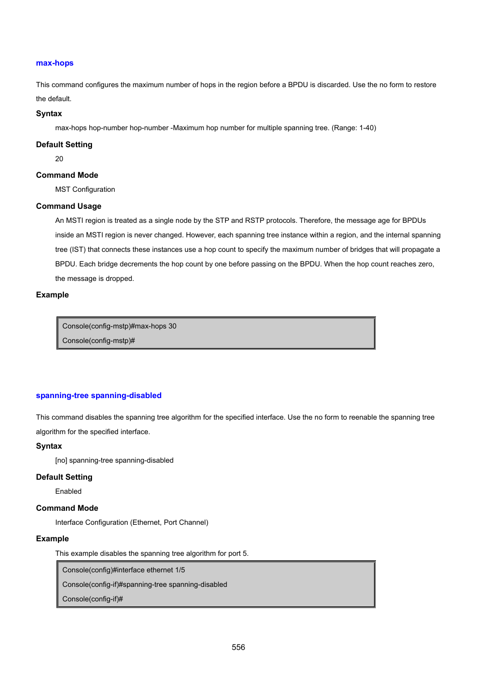 Max-hops, Spanning-tree spanning-disabled | PLANET SGSD-1022 User Manual | Page 556 / 693