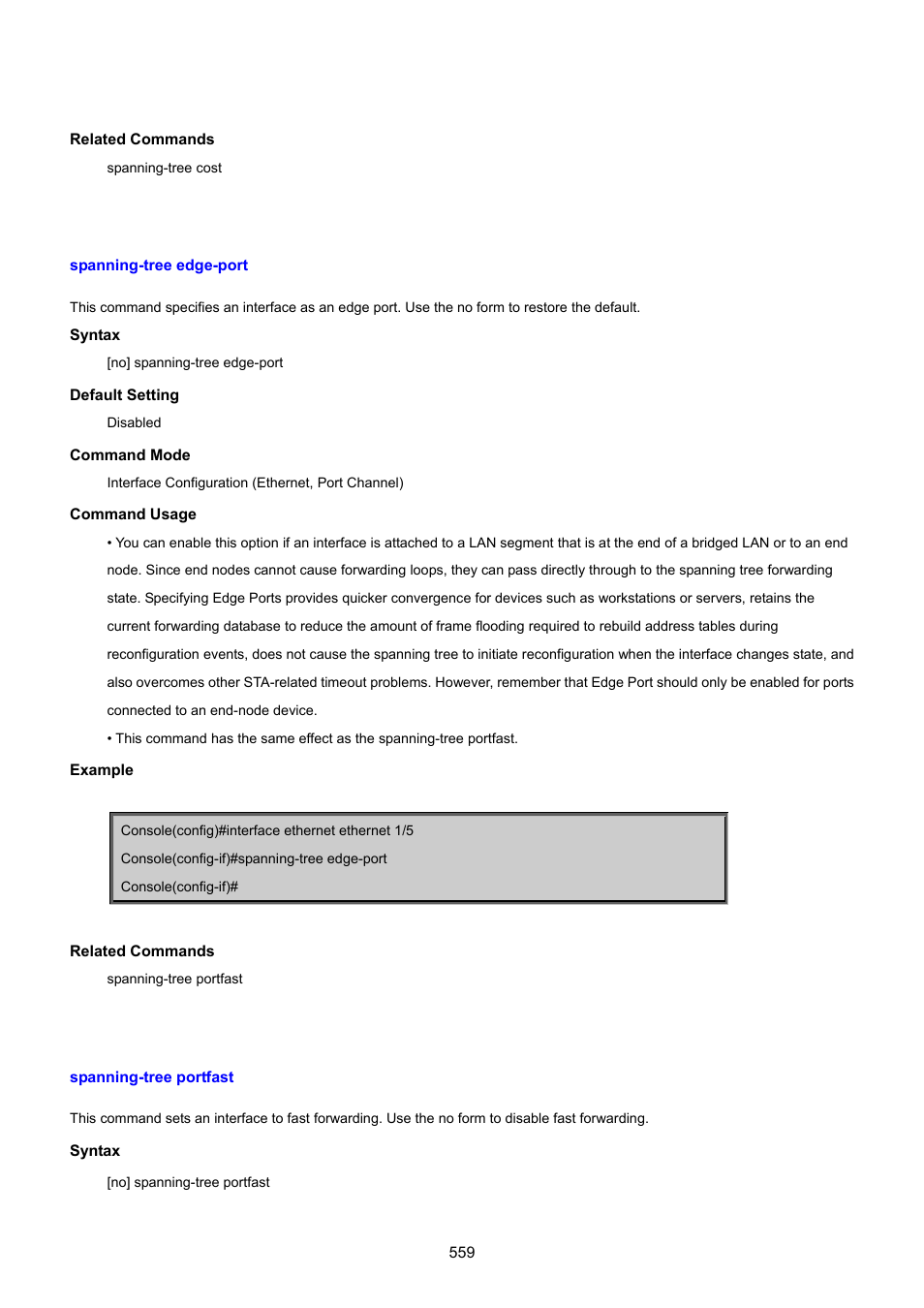 Spanning-tree edge-port, Spanning-tree portfast | PLANET SGSD-1022 User Manual | Page 559 / 693