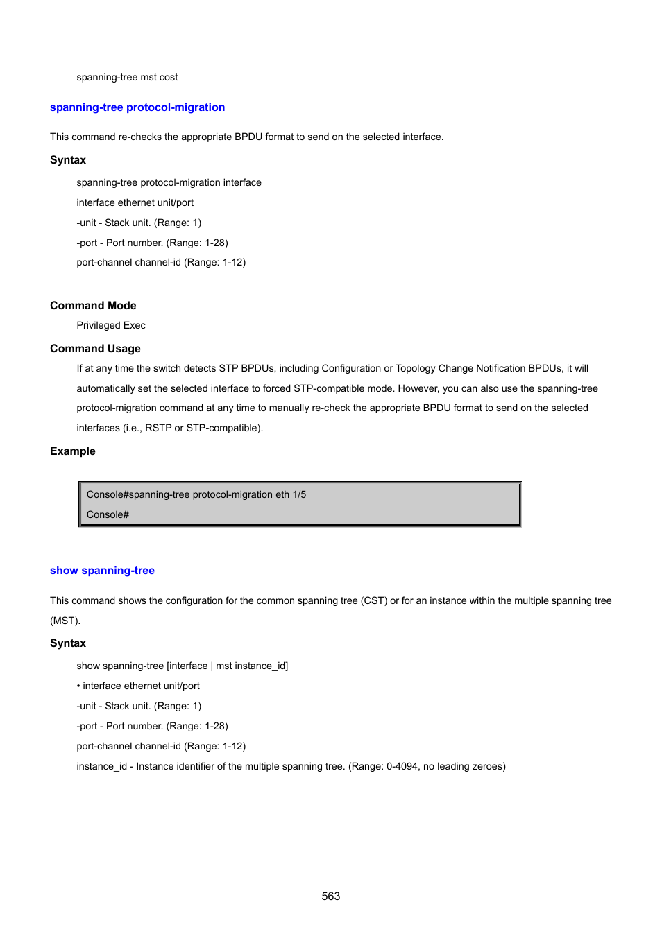 Spanning-tree protocol-migration, Show spanning-tree | PLANET SGSD-1022 User Manual | Page 563 / 693