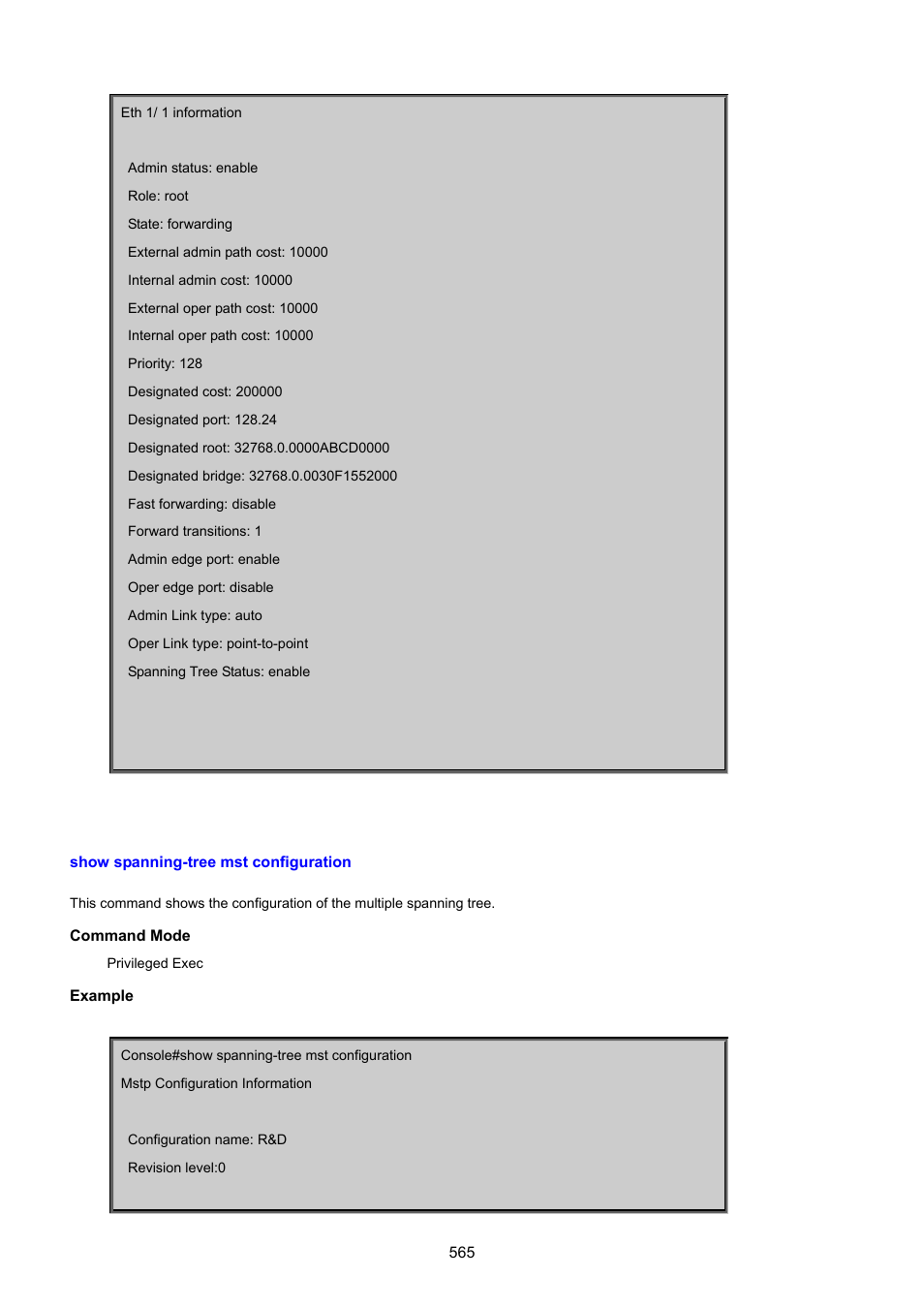 Show spanning-tree mst configuration | PLANET SGSD-1022 User Manual | Page 565 / 693