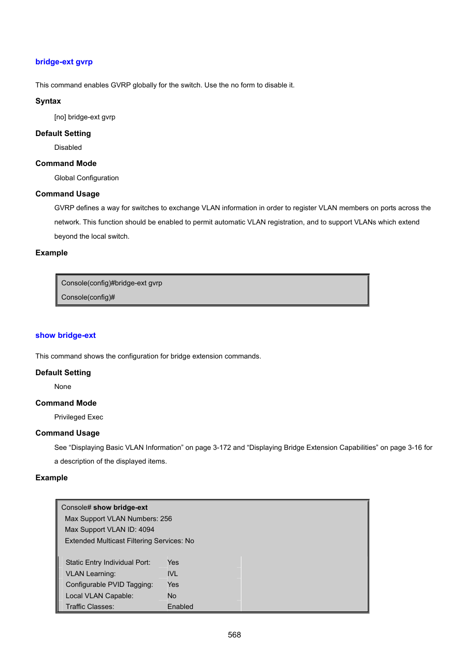 Bridge-ext gvrp, Show bridge-ext | PLANET SGSD-1022 User Manual | Page 568 / 693