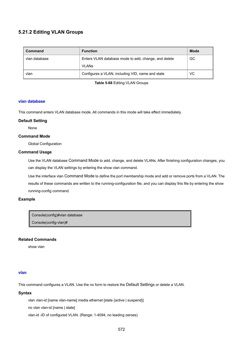 2 editing vlan groups, Vlan database, Vlan | PLANET SGSD-1022 User Manual | Page 572 / 693