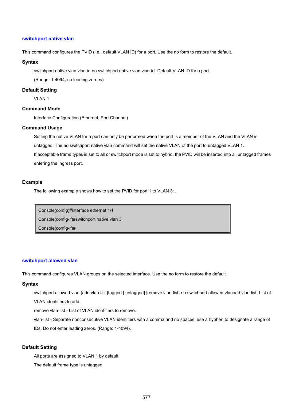 Switchport native vlan, Switchport allowed vlan | PLANET SGSD-1022 User Manual | Page 577 / 693