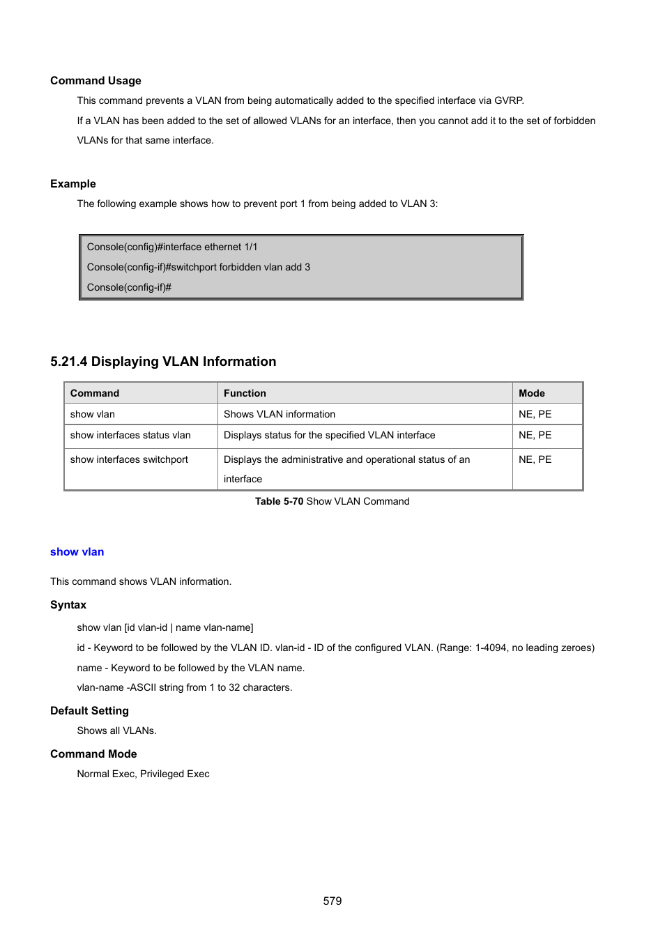 4 displaying vlan information, Show vlan | PLANET SGSD-1022 User Manual | Page 579 / 693