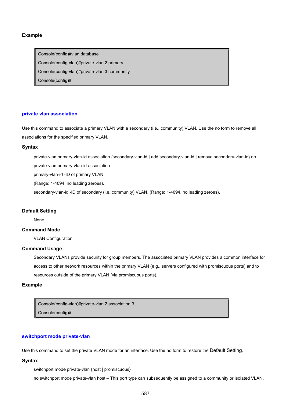 Private vlan association, Switchport mode private-vlan | PLANET SGSD-1022 User Manual | Page 587 / 693