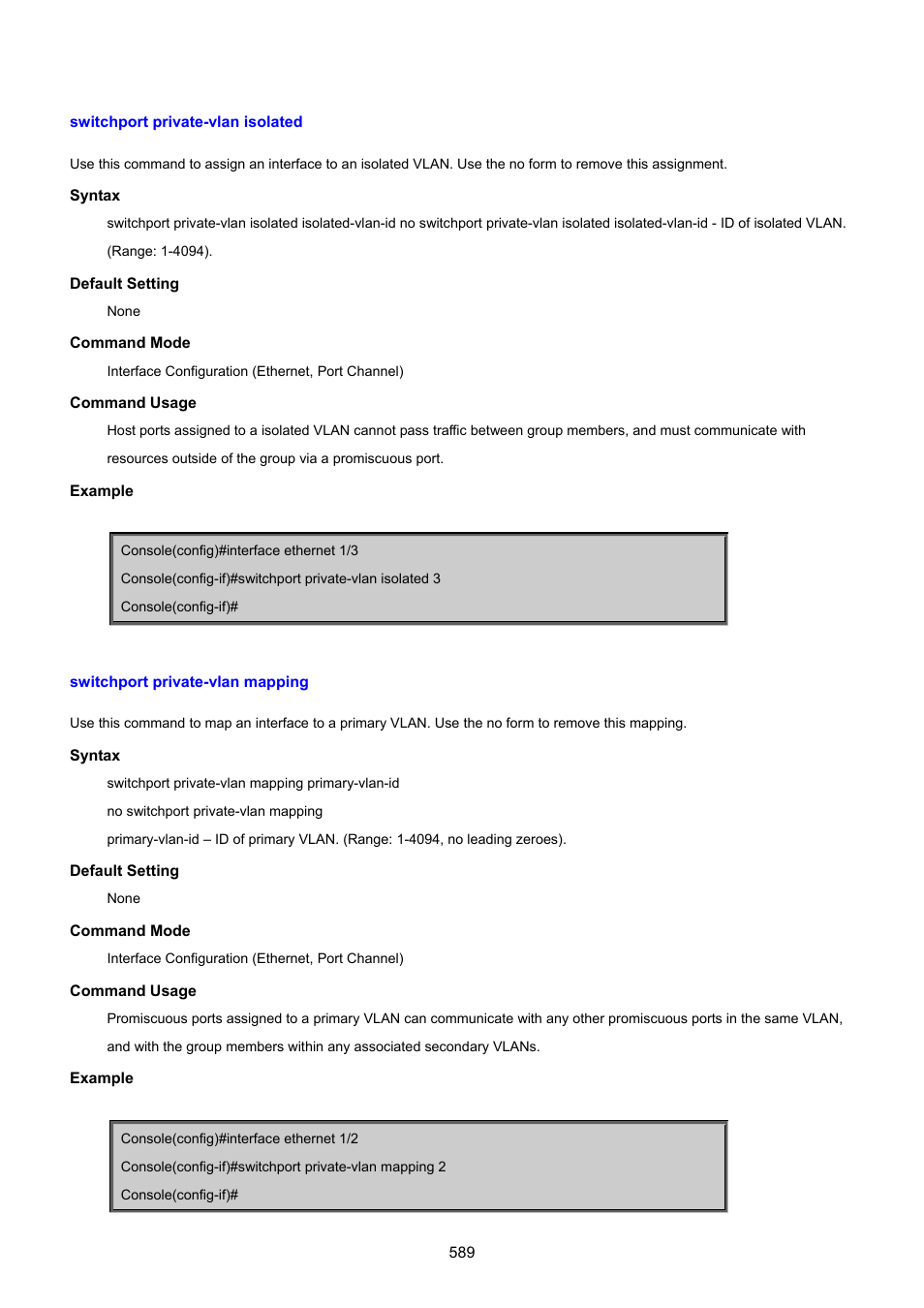 Switchport private-vlan isolated, Switchport private-vlan mapping | PLANET SGSD-1022 User Manual | Page 589 / 693