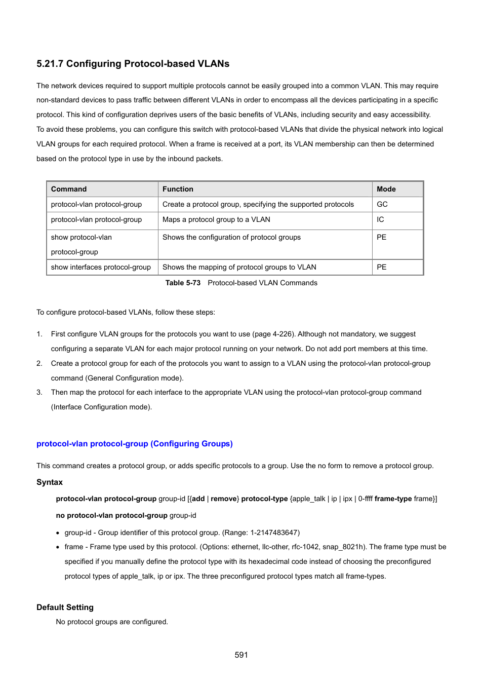 7 configuring protocol-based vlans, Protocol-vlan protocol-group (configuring groups) | PLANET SGSD-1022 User Manual | Page 591 / 693