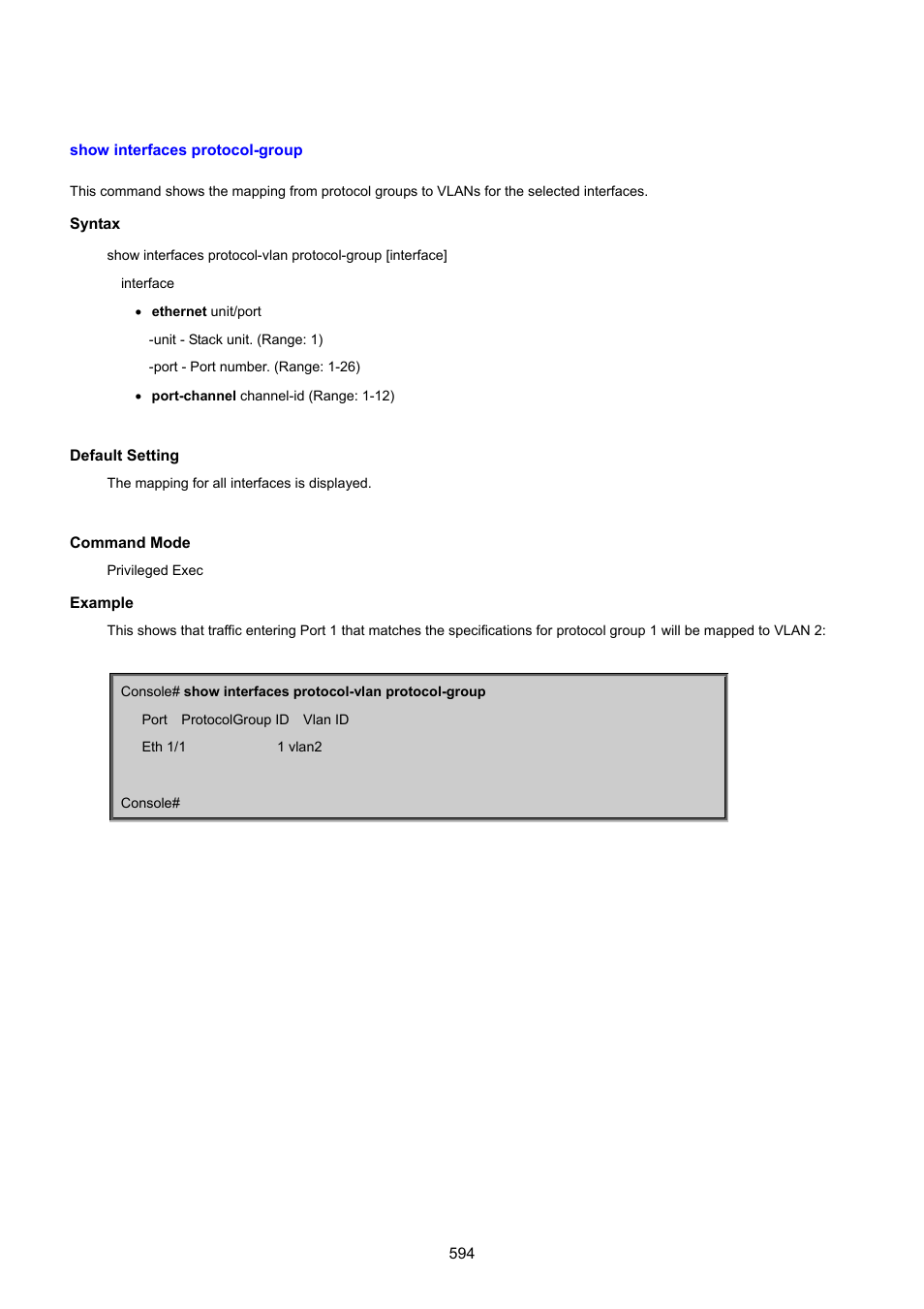 Show interfaces protocol-group | PLANET SGSD-1022 User Manual | Page 594 / 693