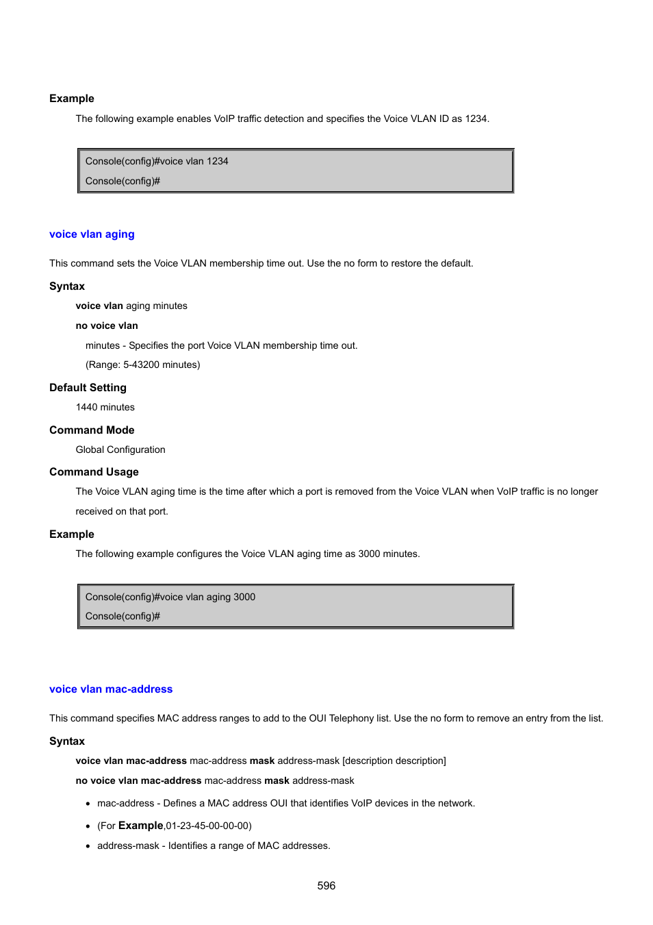 Voice vlan aging, Voice vlan mac-address | PLANET SGSD-1022 User Manual | Page 596 / 693