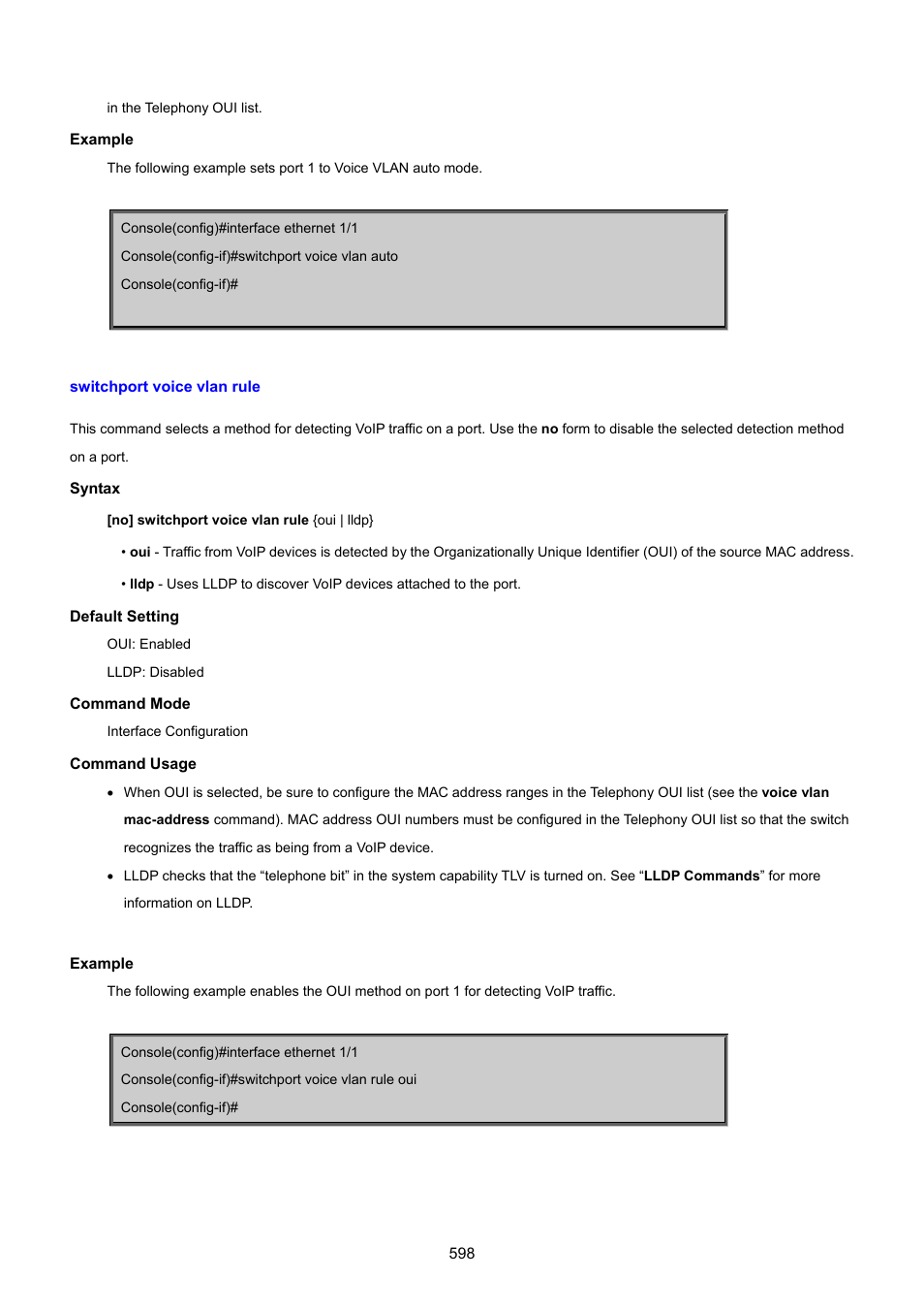 Switchport voice vlan rule | PLANET SGSD-1022 User Manual | Page 598 / 693