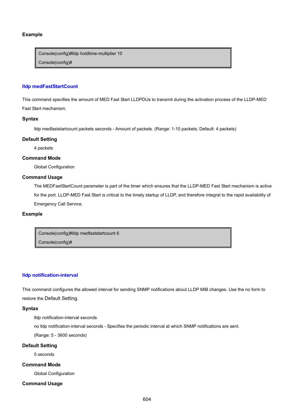 Lldp medfaststartcount, Lldp notification-interval | PLANET SGSD-1022 User Manual | Page 604 / 693