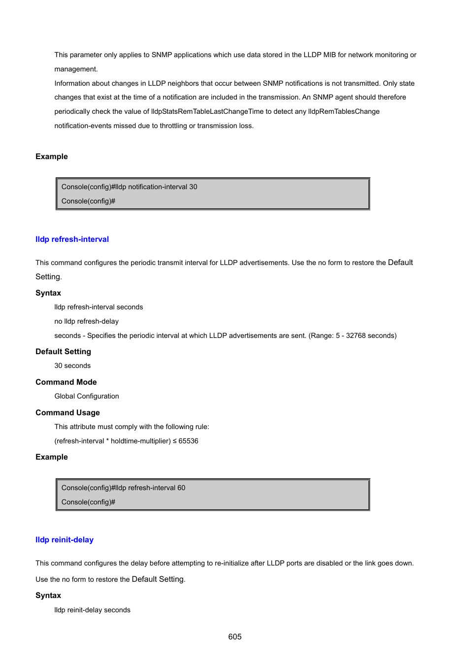 Lldp refresh-interval, Lldp reinit-delay | PLANET SGSD-1022 User Manual | Page 605 / 693