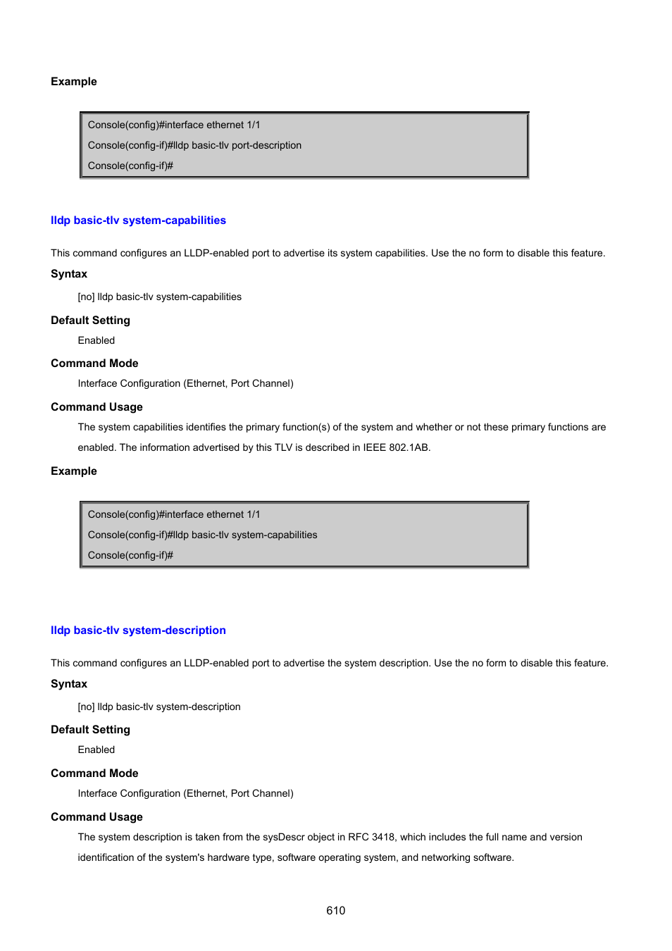 Lldp basic-tlv system-capabilities, Lldp basic-tlv system-description | PLANET SGSD-1022 User Manual | Page 610 / 693