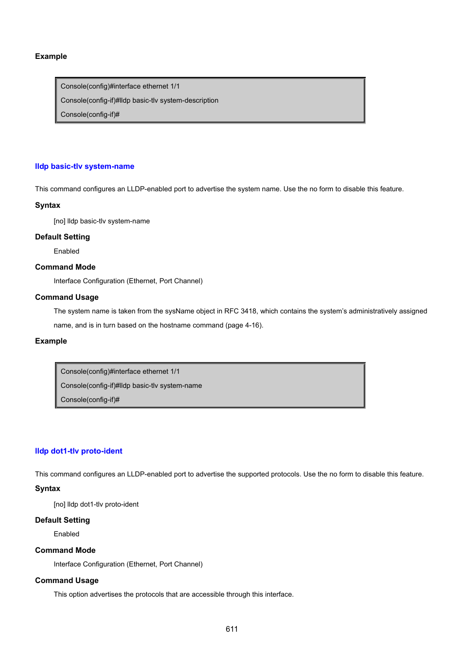 Lldp basic-tlv system-name, Lldp dot1-tlv proto-ident | PLANET SGSD-1022 User Manual | Page 611 / 693