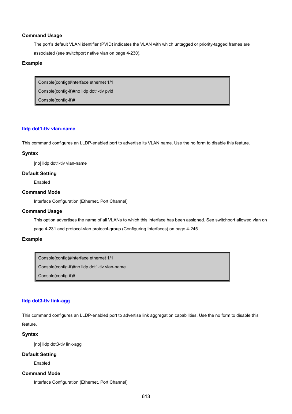 Lldp dot1-tlv vlan-name, Lldp dot3-tlv link-agg | PLANET SGSD-1022 User Manual | Page 613 / 693