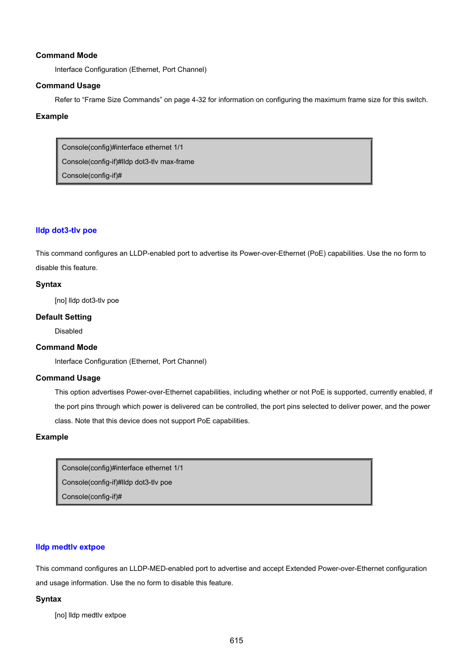 Lldp dot3-tlv poe, Lldp medtlv extpoe | PLANET SGSD-1022 User Manual | Page 615 / 693