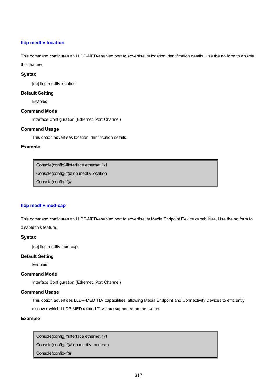 Lldp medtlv location, Lldp medtlv med-cap | PLANET SGSD-1022 User Manual | Page 617 / 693