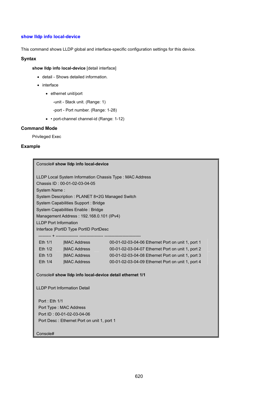Show lldp info local-device | PLANET SGSD-1022 User Manual | Page 620 / 693