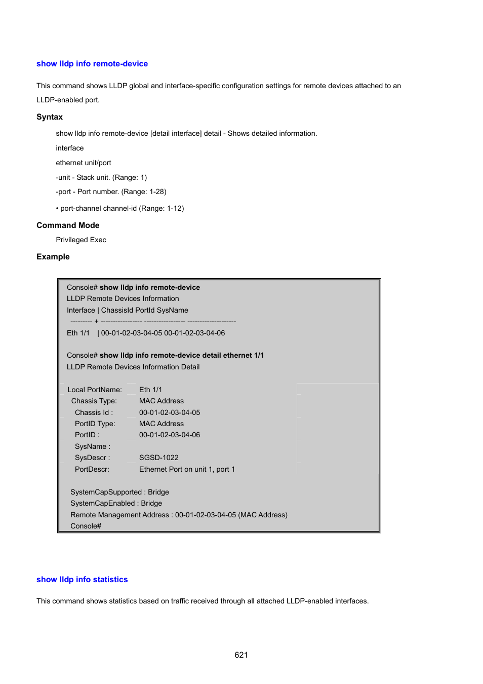 Show lldp info remote-device, Show lldp info statistics | PLANET SGSD-1022 User Manual | Page 621 / 693