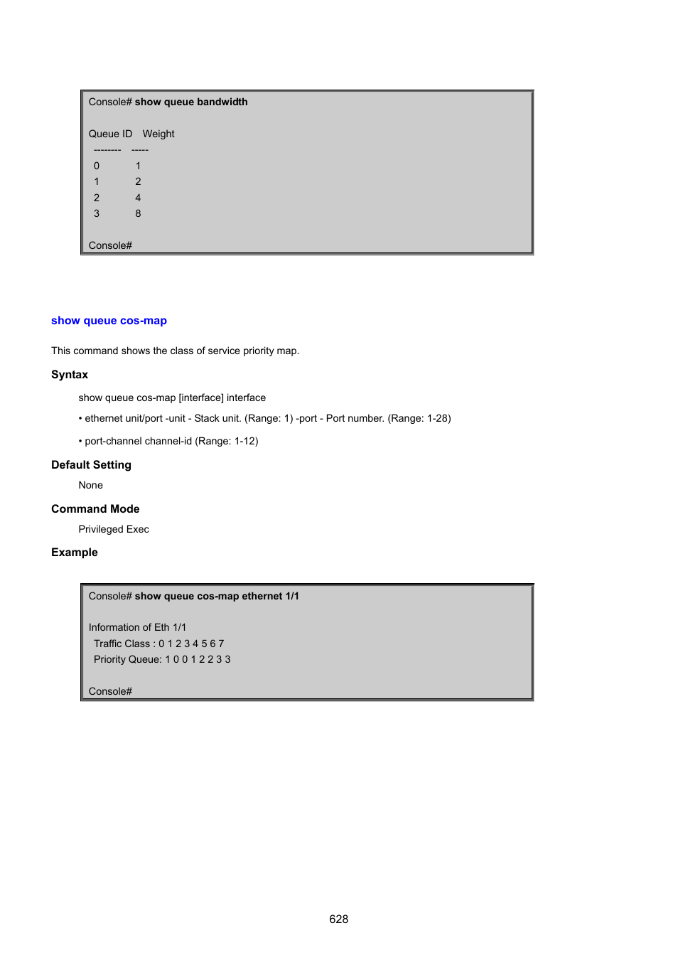 Show queue cos-map | PLANET SGSD-1022 User Manual | Page 628 / 693
