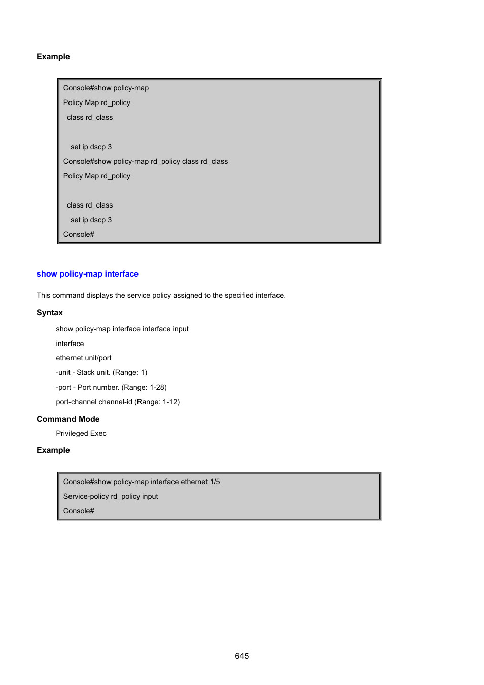 Show policy-map interface | PLANET SGSD-1022 User Manual | Page 645 / 693