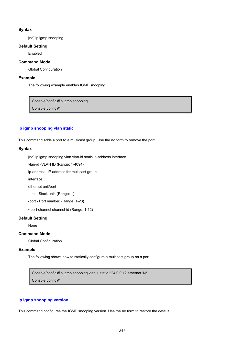 Ip igmp snooping vlan static, Ip igmp snooping version | PLANET SGSD-1022 User Manual | Page 647 / 693