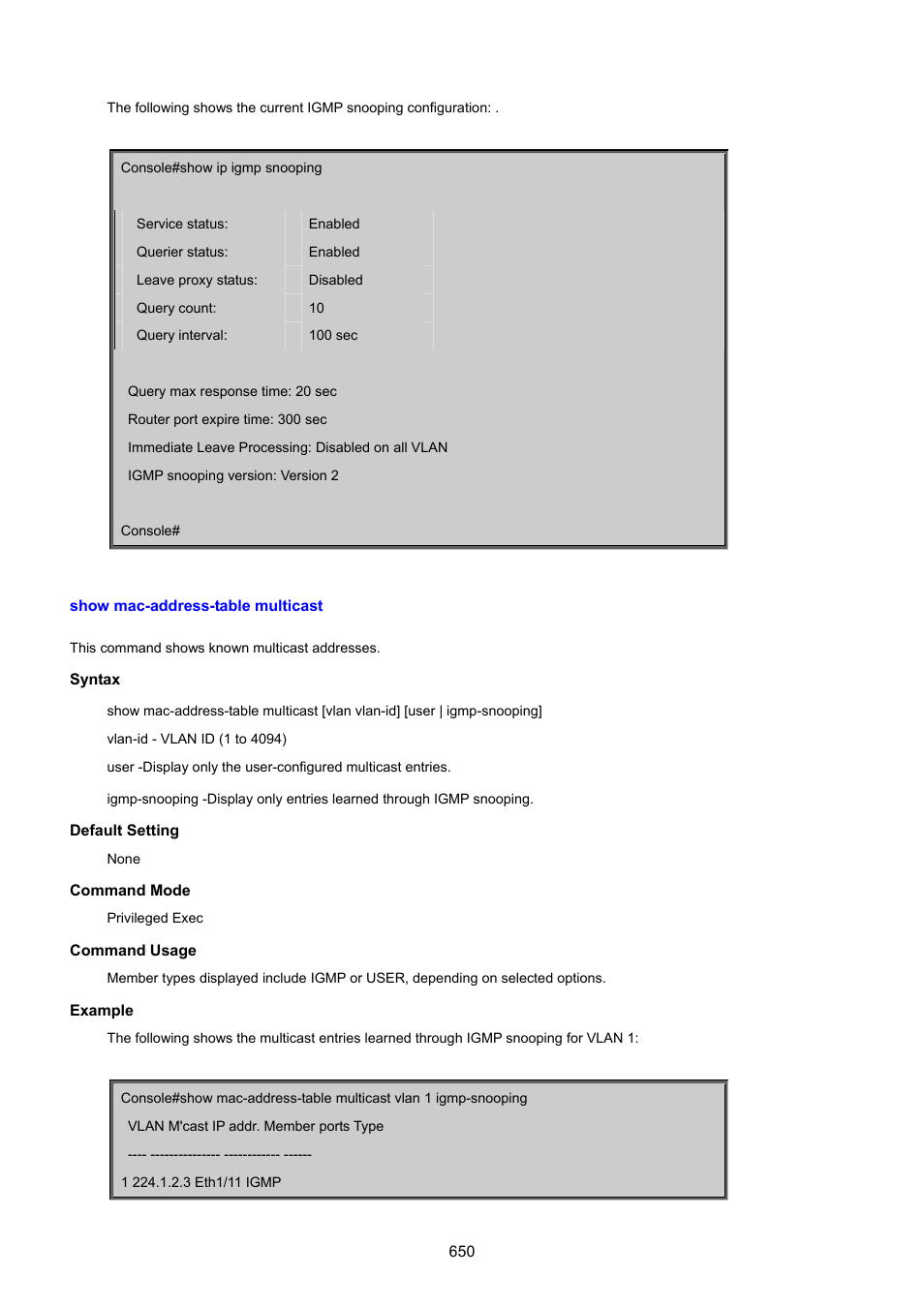 Show mac-address-table multicast | PLANET SGSD-1022 User Manual | Page 650 / 693