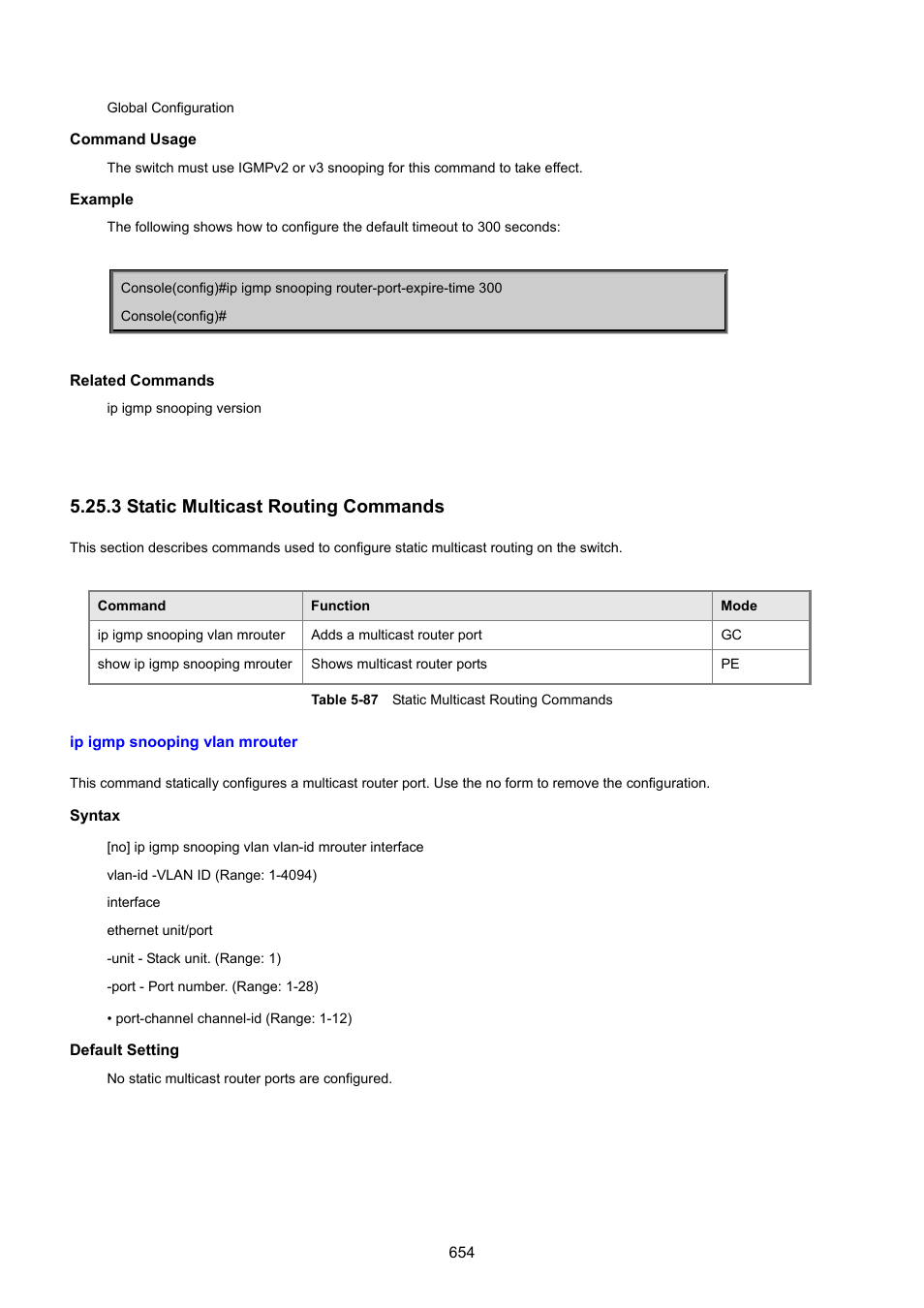 3 static multicast routing commands, Ip igmp snooping vlan mrouter | PLANET SGSD-1022 User Manual | Page 654 / 693