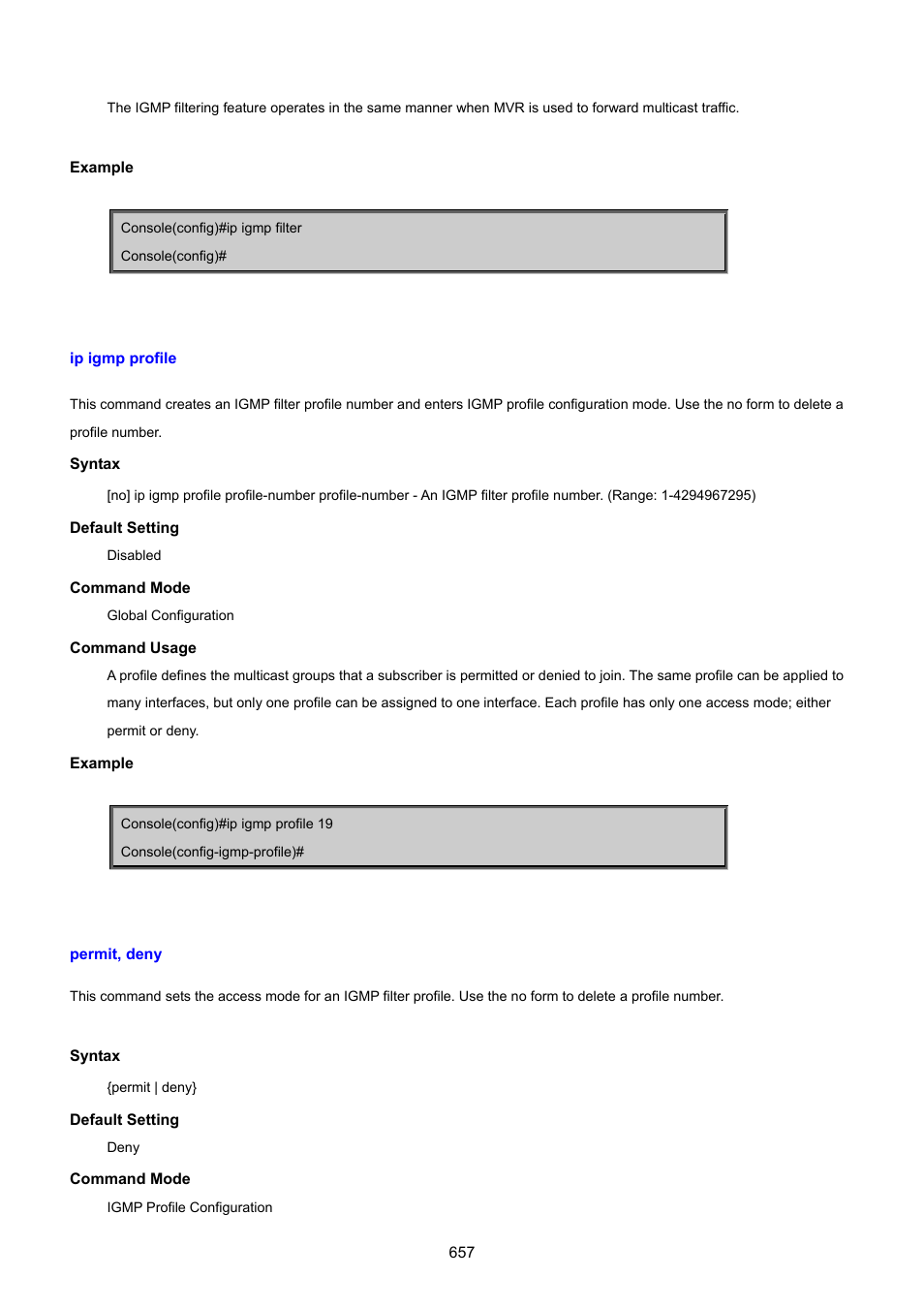 Ip igmp profile, Permit, deny | PLANET SGSD-1022 User Manual | Page 657 / 693