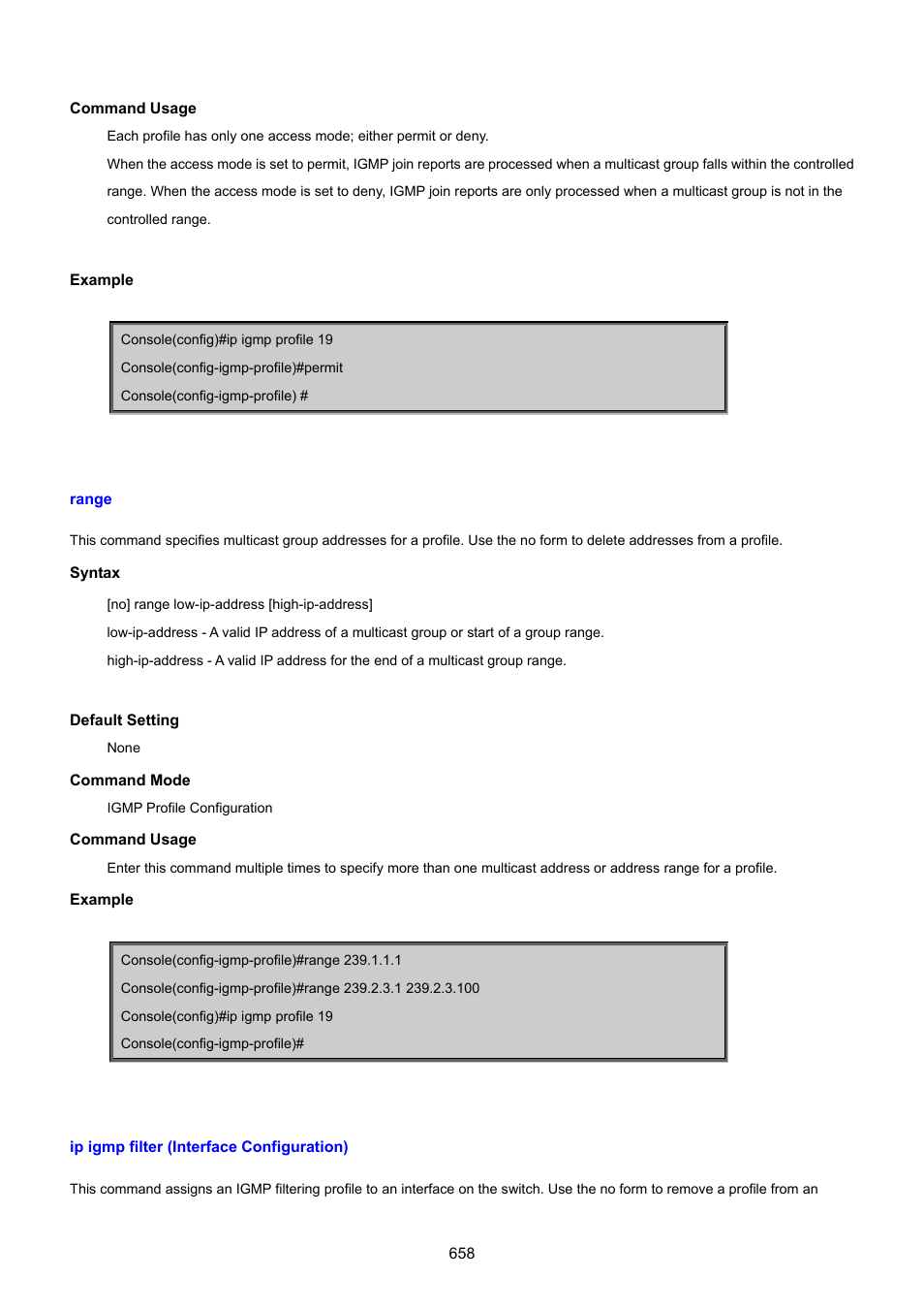 Range, Ip igmp filter (interface configuration) | PLANET SGSD-1022 User Manual | Page 658 / 693