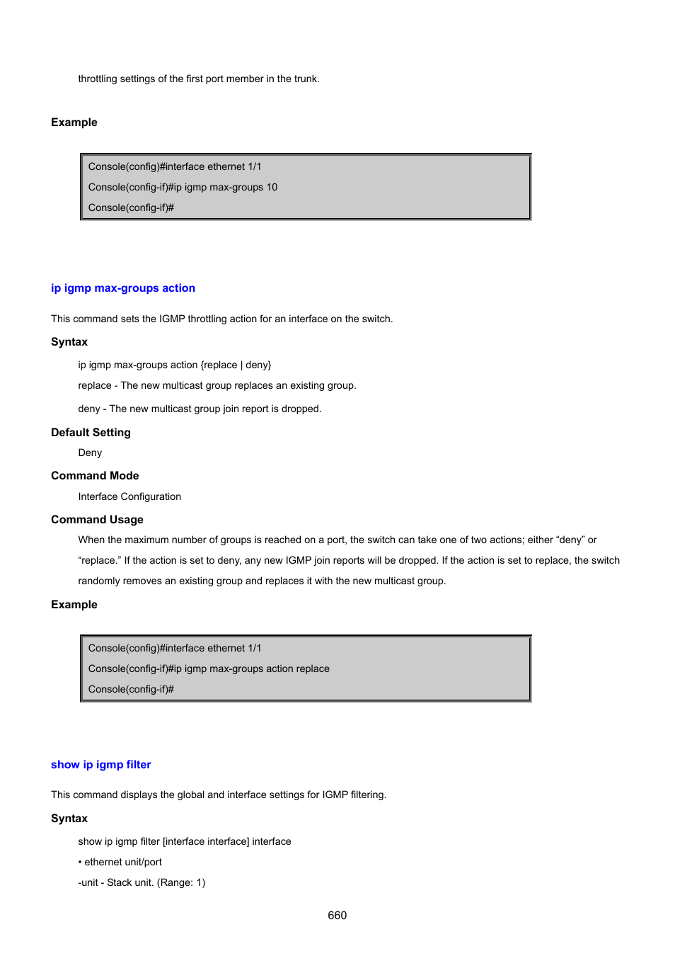Ip igmp max-groups action, Show ip igmp filter | PLANET SGSD-1022 User Manual | Page 660 / 693