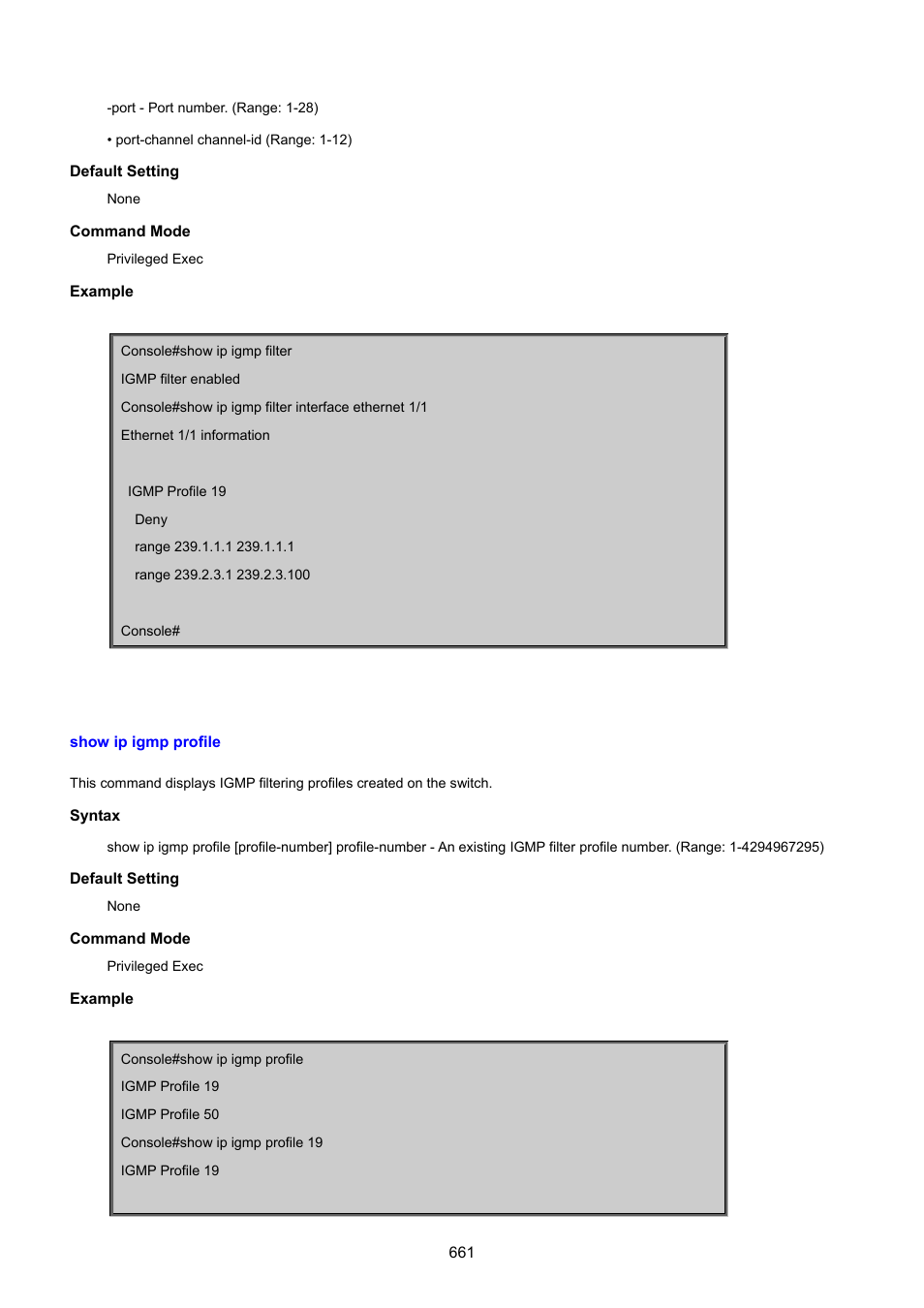 Show ip igmp profile | PLANET SGSD-1022 User Manual | Page 661 / 693