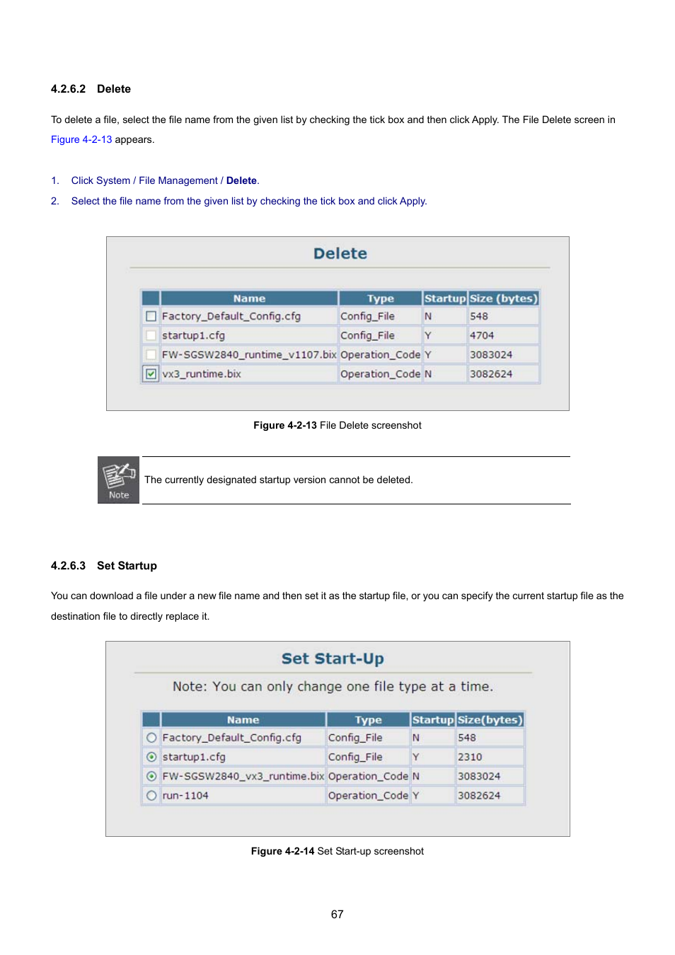 2 delete, 3 set startup | PLANET SGSD-1022 User Manual | Page 67 / 693